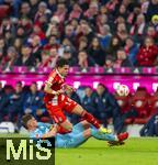 08.02.2026, Fussball Bundesliga 2025/2026, 21.Spieltag, FC Bayern München - TSG 1899 Hoffenheim, in der Allianz-Arena München,  Albian Hajdari (unten, TSG 1899 Hoffenheim) gegen Luis Diaz (FC Bayern München) 
